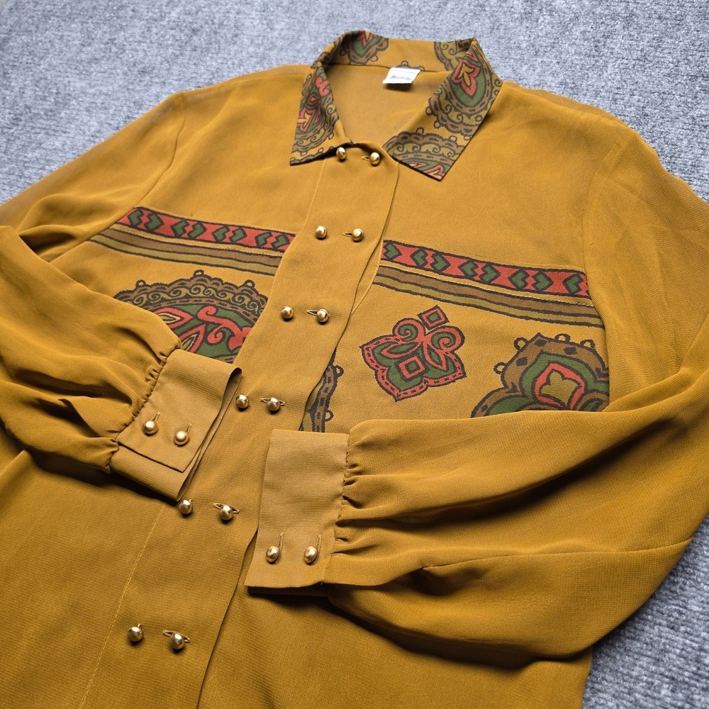 Vintage 70s 80s Modelly West Germany Mustard Paisley Top Blouse Gold Buttons